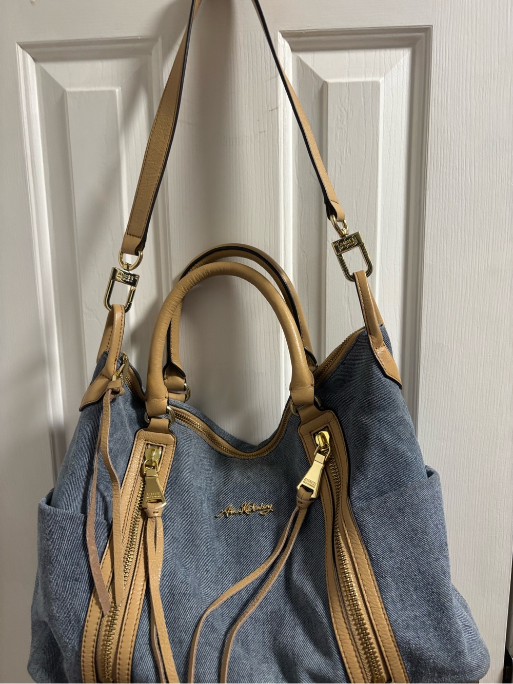 Aimee Kestenberg Denim Leather Satchel - Tan Trim & Double Zippers - EUC - Picture 5 of 13